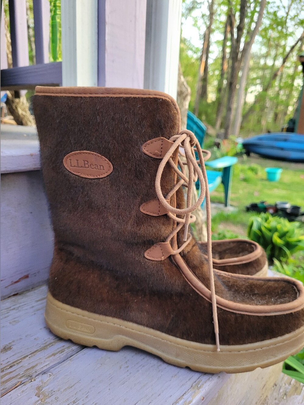 L.L.Bean Brown Faux Calf Hair Mukluk Winter Boots Size 9 Logo Cozy